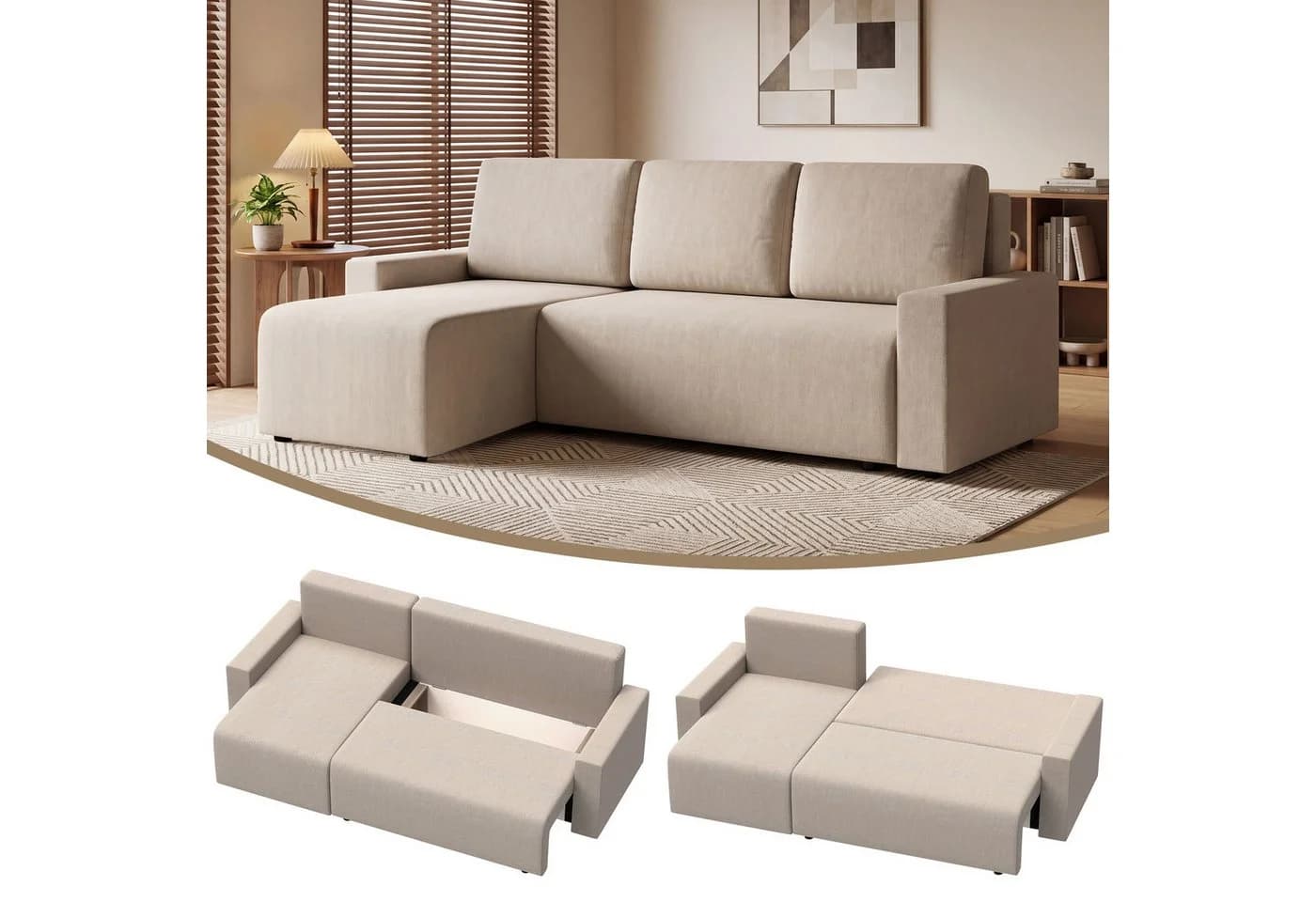 HOMCOM Schlafsofa L-Form 3-Sitzer Beige Velours mit Stauraum