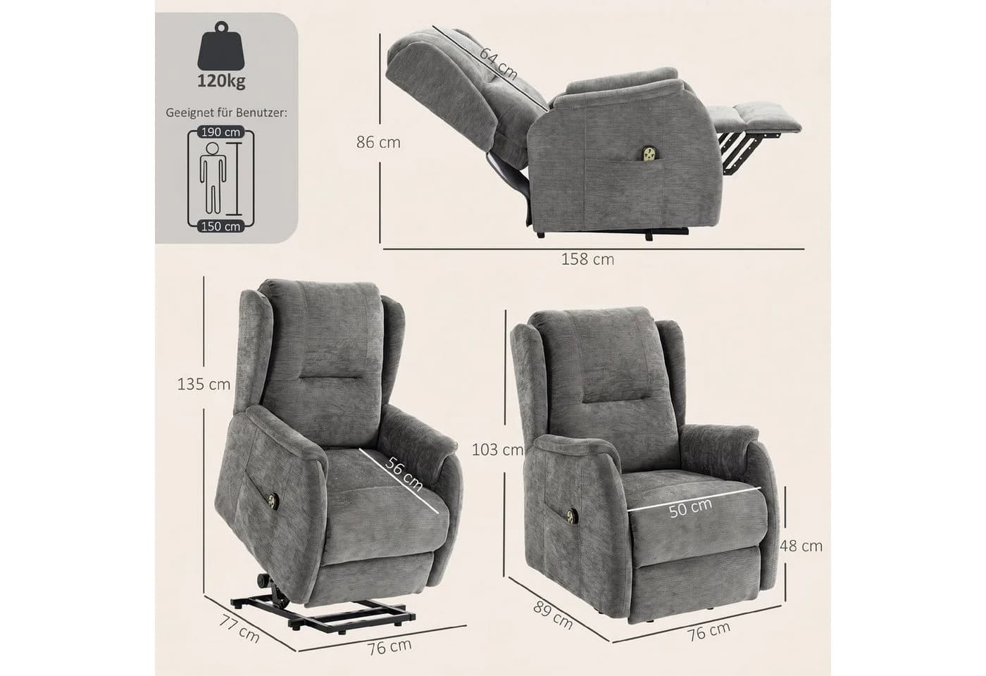 HOMCOM Relaxsessel mit Aufstehhilfe und Doppelmotor Grau - Bild 3