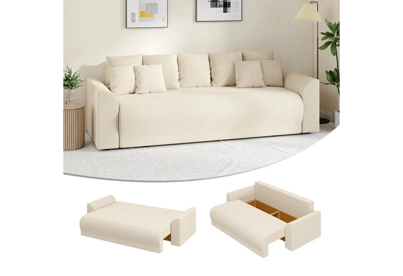 HOMCOM Schlafsofa 3-Sitzer Beige Cord-Optik mit Schlaffunktion