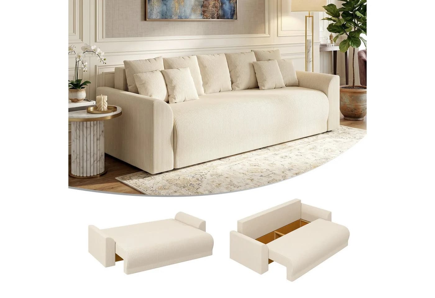 HOMCOM Schlafsofa 3-Sitzer Beige Cord-Optik mit Schlaffunktion - Bild 2