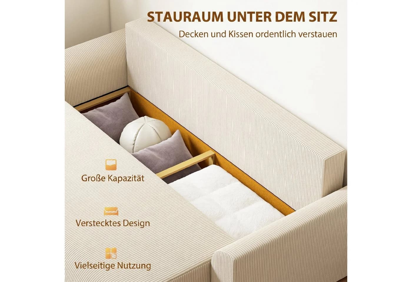 HOMCOM Schlafsofa 3-Sitzer Beige Cord-Optik mit Schlaffunktion - Bild 5