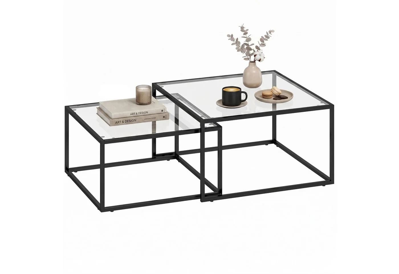 HOMCOM Couchtisch 2er-Set Stapelbar Glas Metall Schwarz Transparent