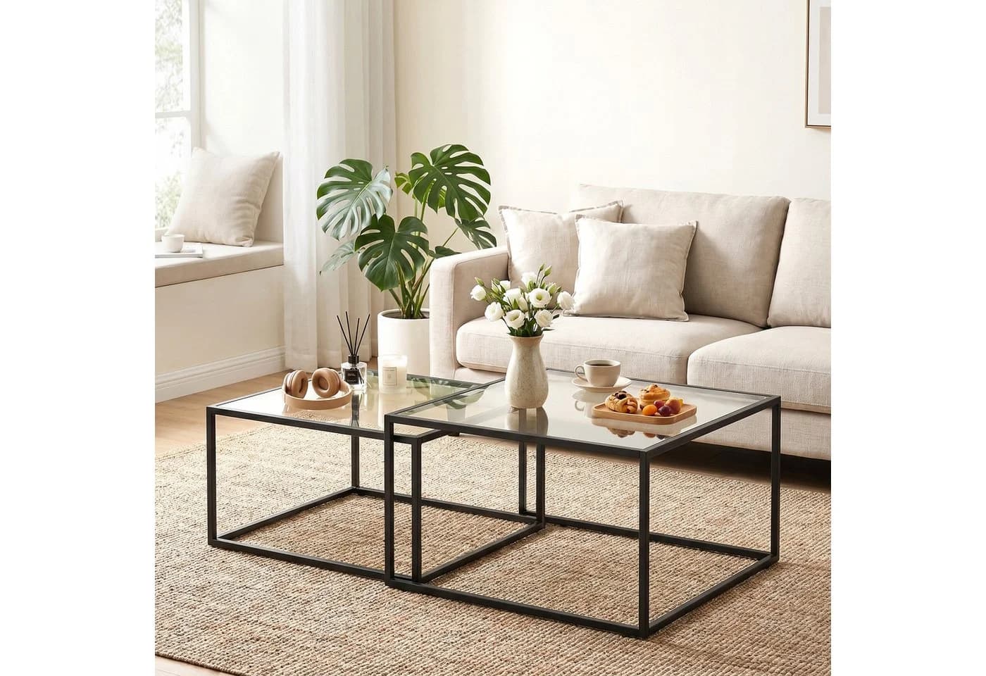 HOMCOM Couchtisch 2er-Set Stapelbar Glas Metall Schwarz Transparent - Bild 2