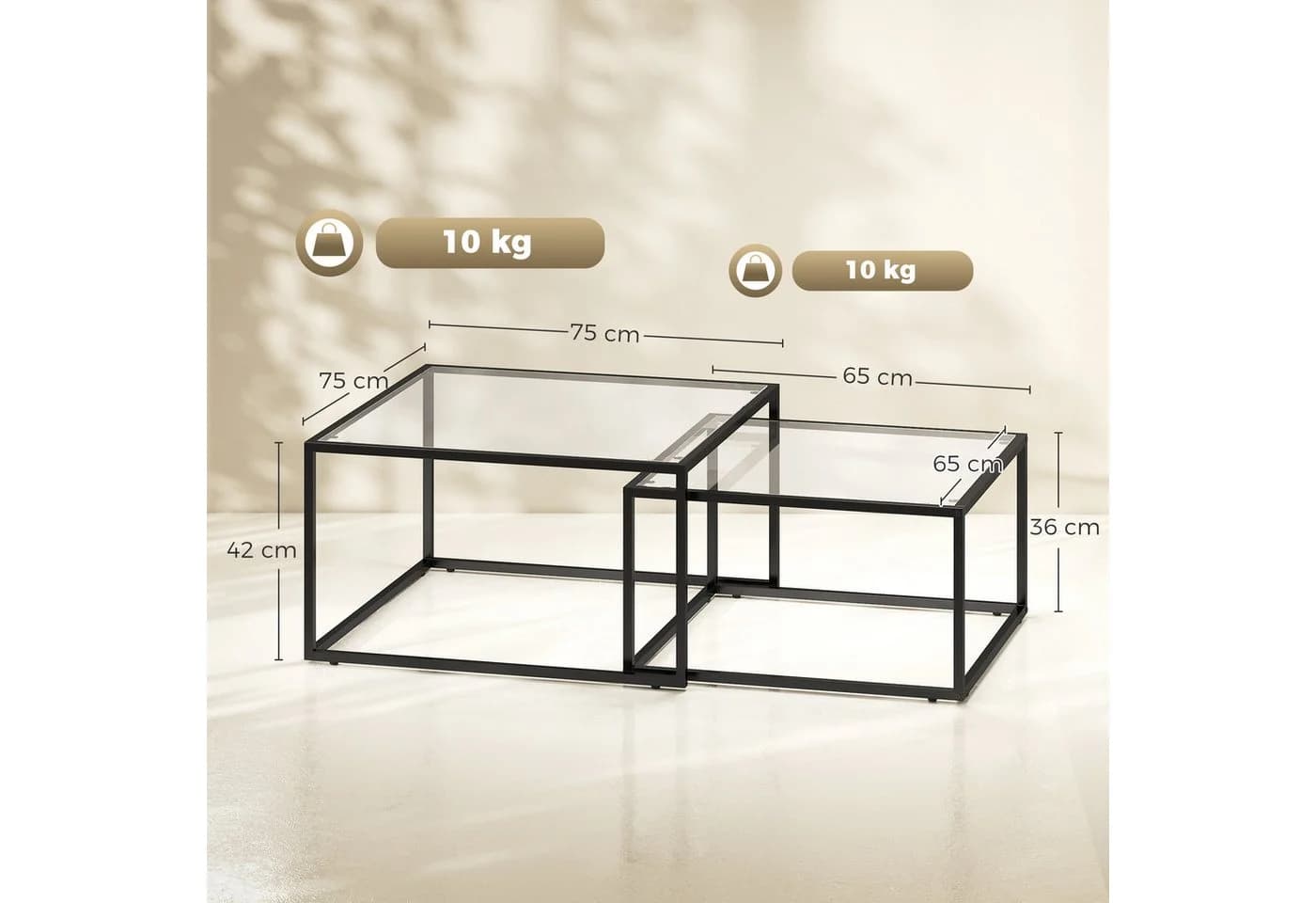 HOMCOM Couchtisch 2er-Set Stapelbar Glas Metall Schwarz Transparent - Bild 3