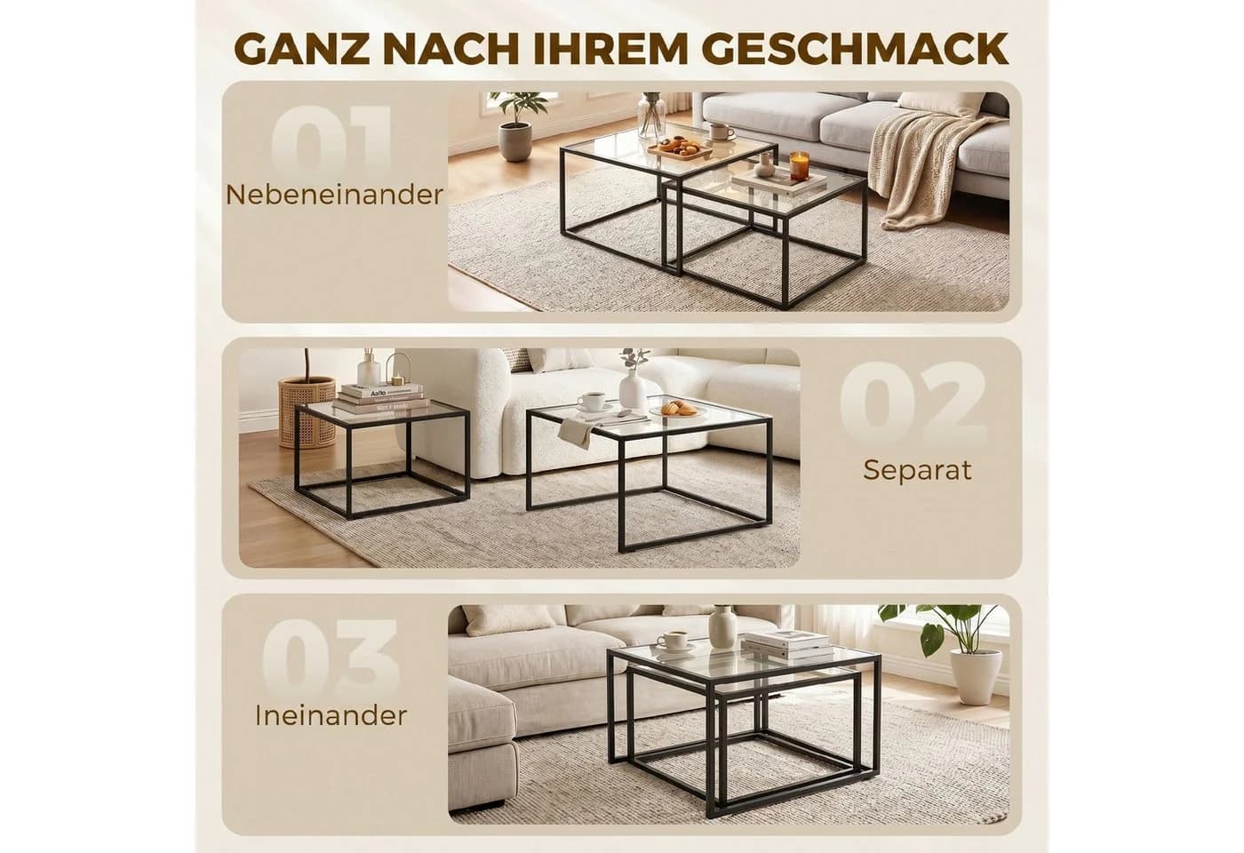 HOMCOM Couchtisch 2er-Set Stapelbar Glas Metall Schwarz Transparent - Bild 4