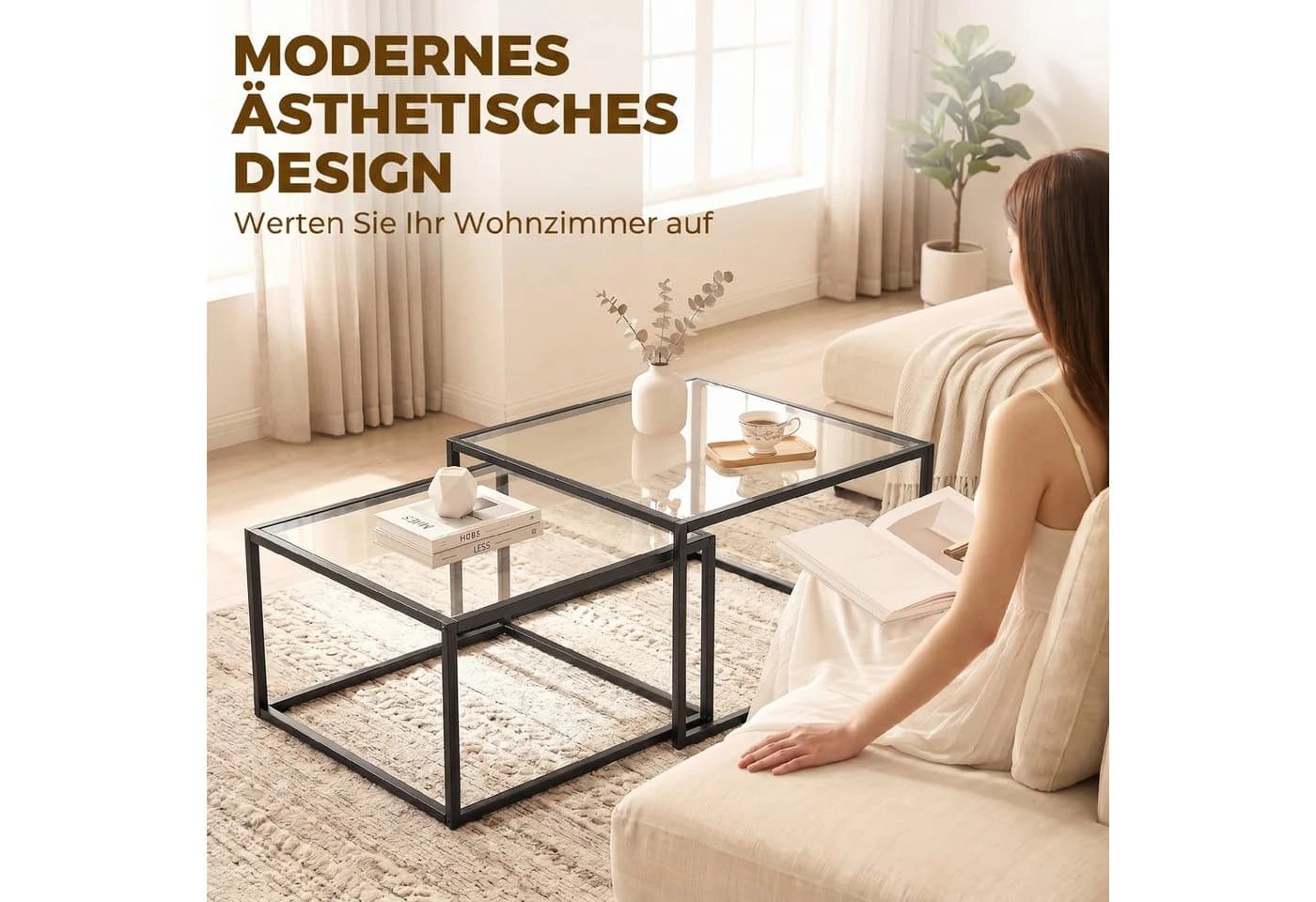 HOMCOM Couchtisch 2er-Set Stapelbar Glas Metall Schwarz Transparent - Bild 5