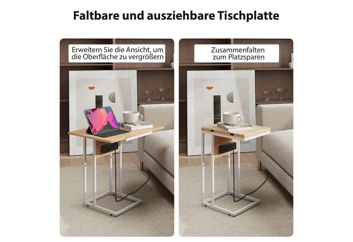 HOMCOM Beistelltisch C-förmig Klappbar Holzfarben/Weiß - Bild 5