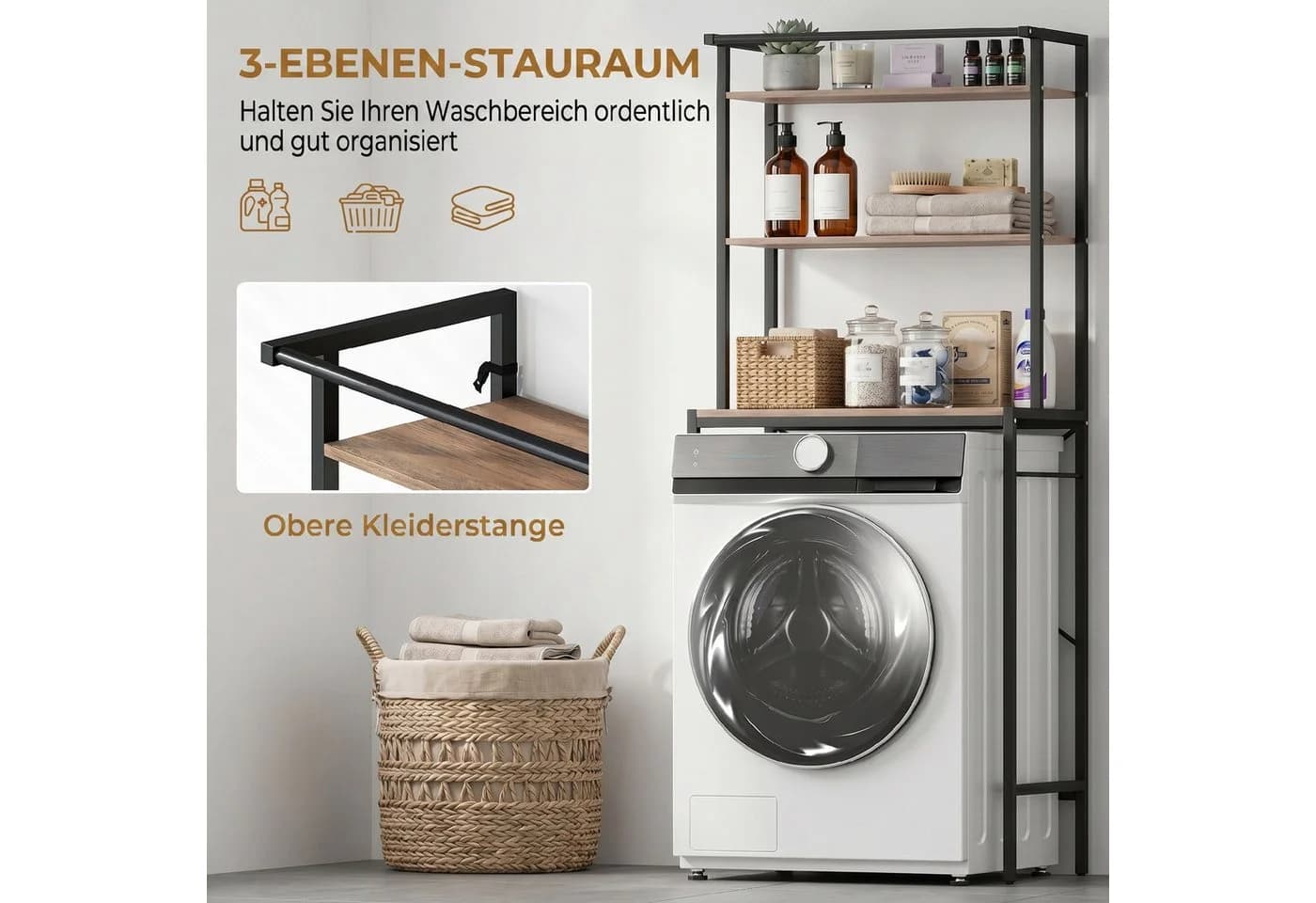 HOMCOM Waschmaschinenumbauschrank mit Trockenstange Braun/Schwarz - Bild 5