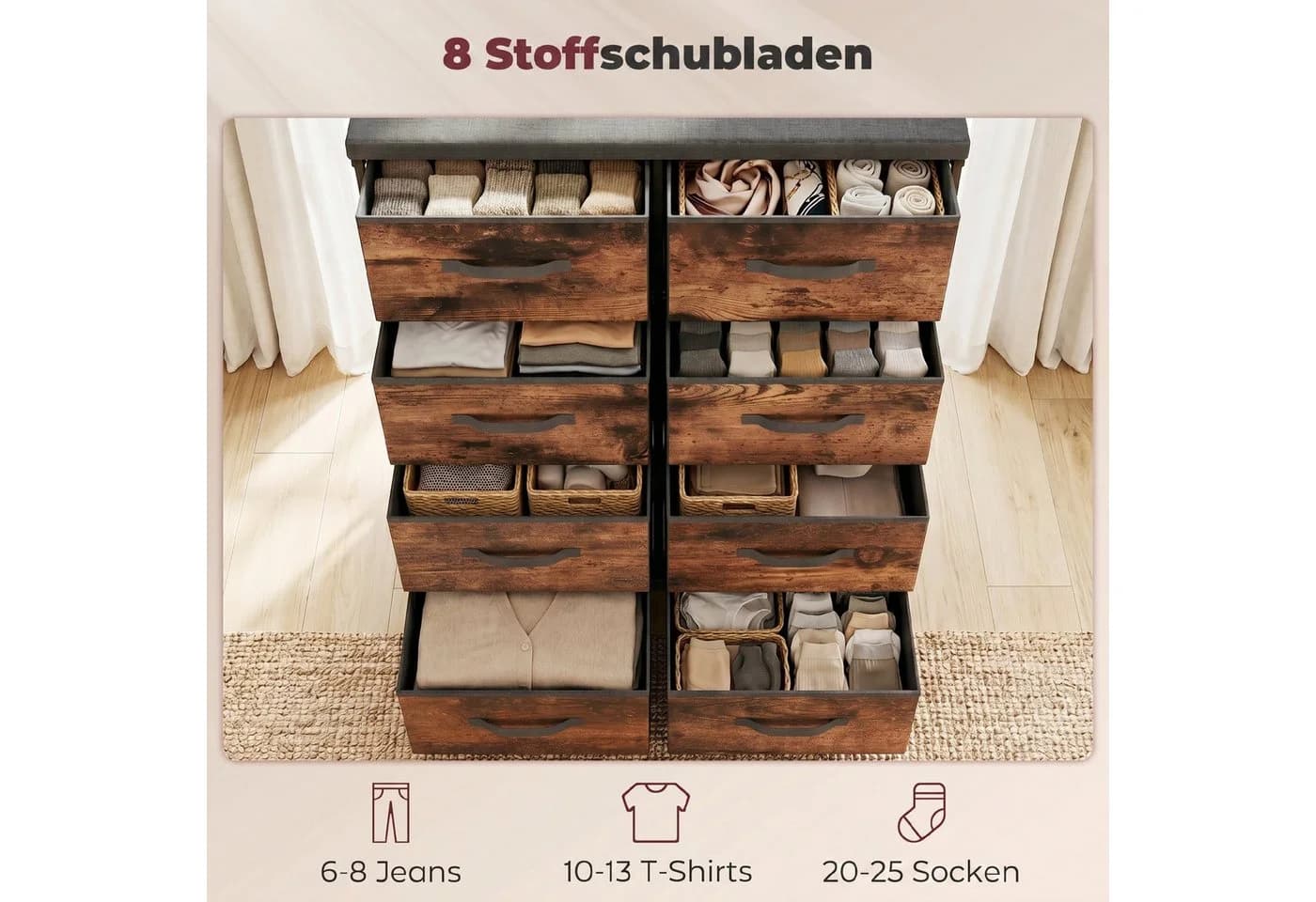 HOMCOM Kommode 8 Schubladen Metallrahmen Schwarz Braun - Bild 4