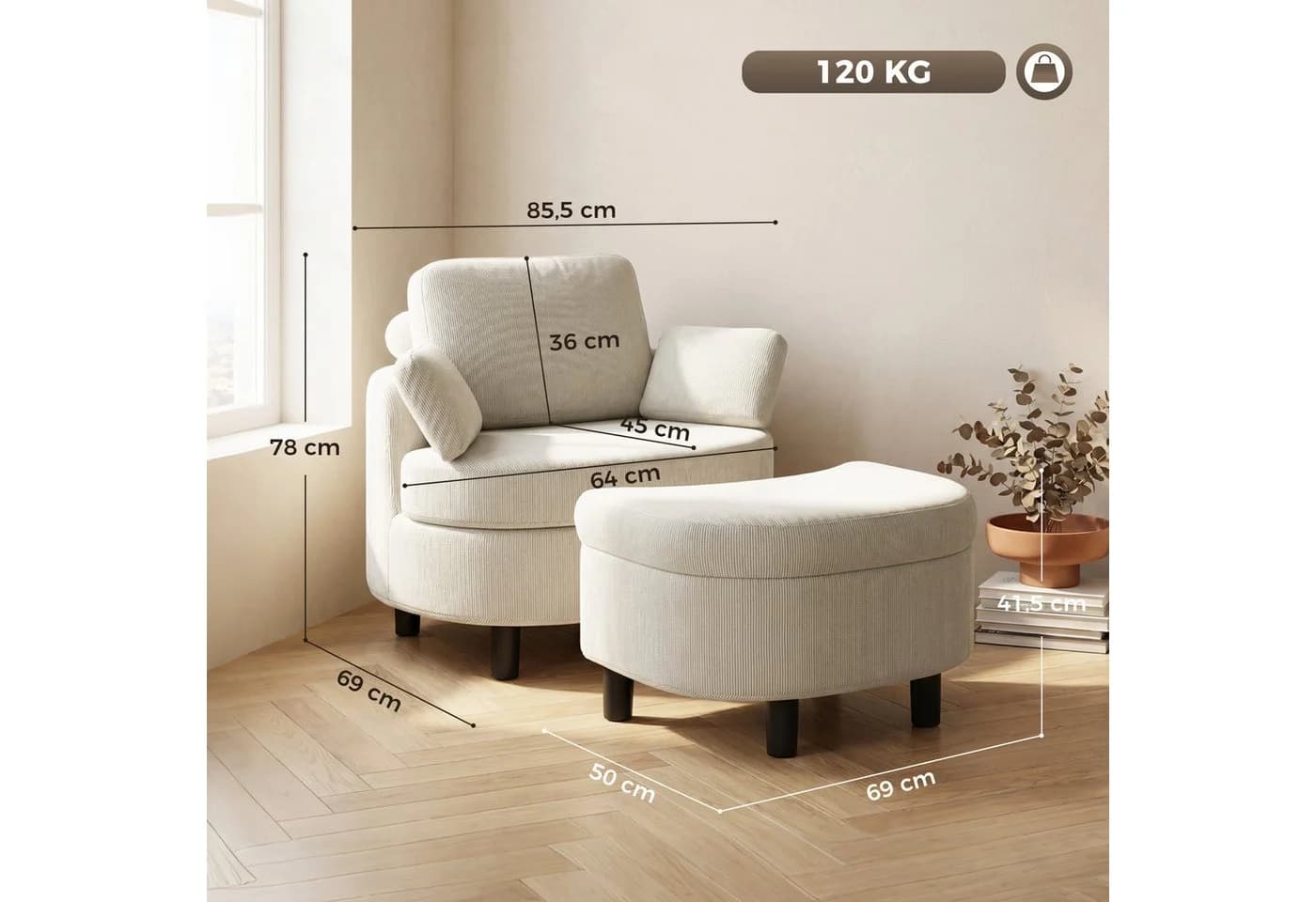 HOMCOM Loungesessel mit Stauraumhocker Cremeweiß - Bild 3