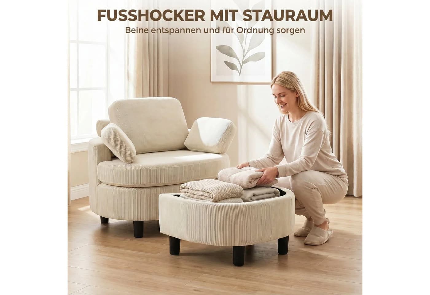 HOMCOM Loungesessel mit Stauraumhocker Cremeweiß - Bild 5