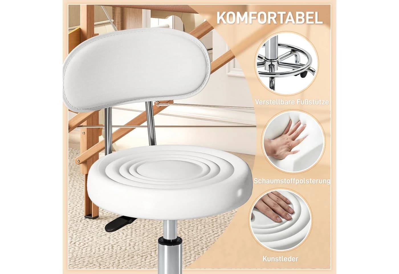 HOMCOM Drehhocker mit Fußstütze und Rollen, Weiß, Kunstleder - Bild 4