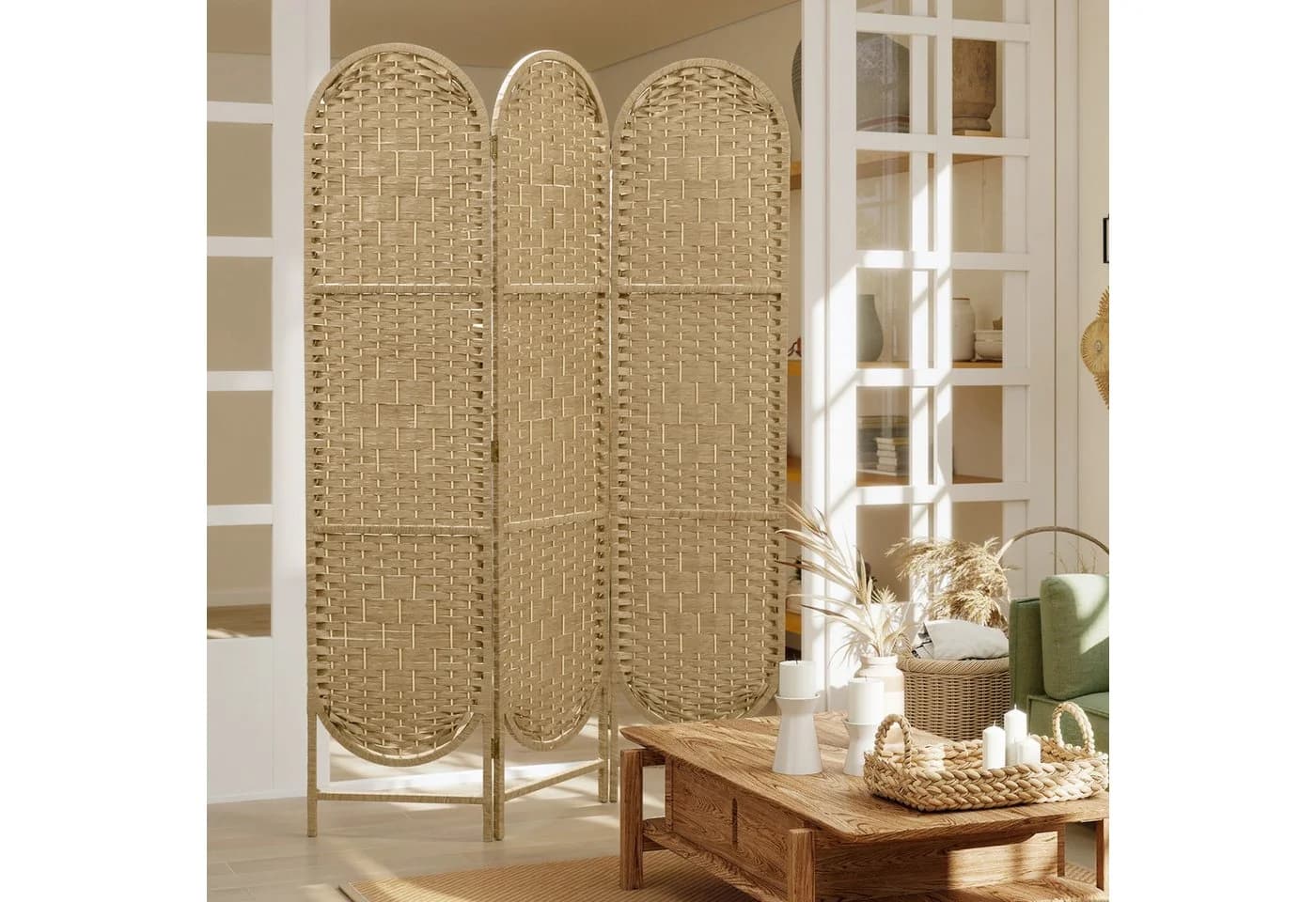 HOMCOM Paravent Freistehend 3-teilig Beige Papierseil Kiefernholz - Bild 2