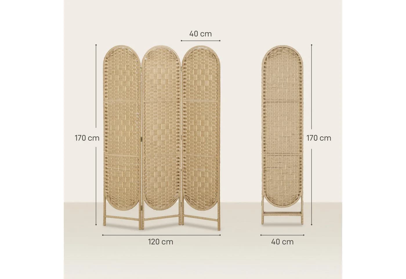 HOMCOM Paravent Freistehend 3-teilig Beige Papierseil Kiefernholz - Bild 3
