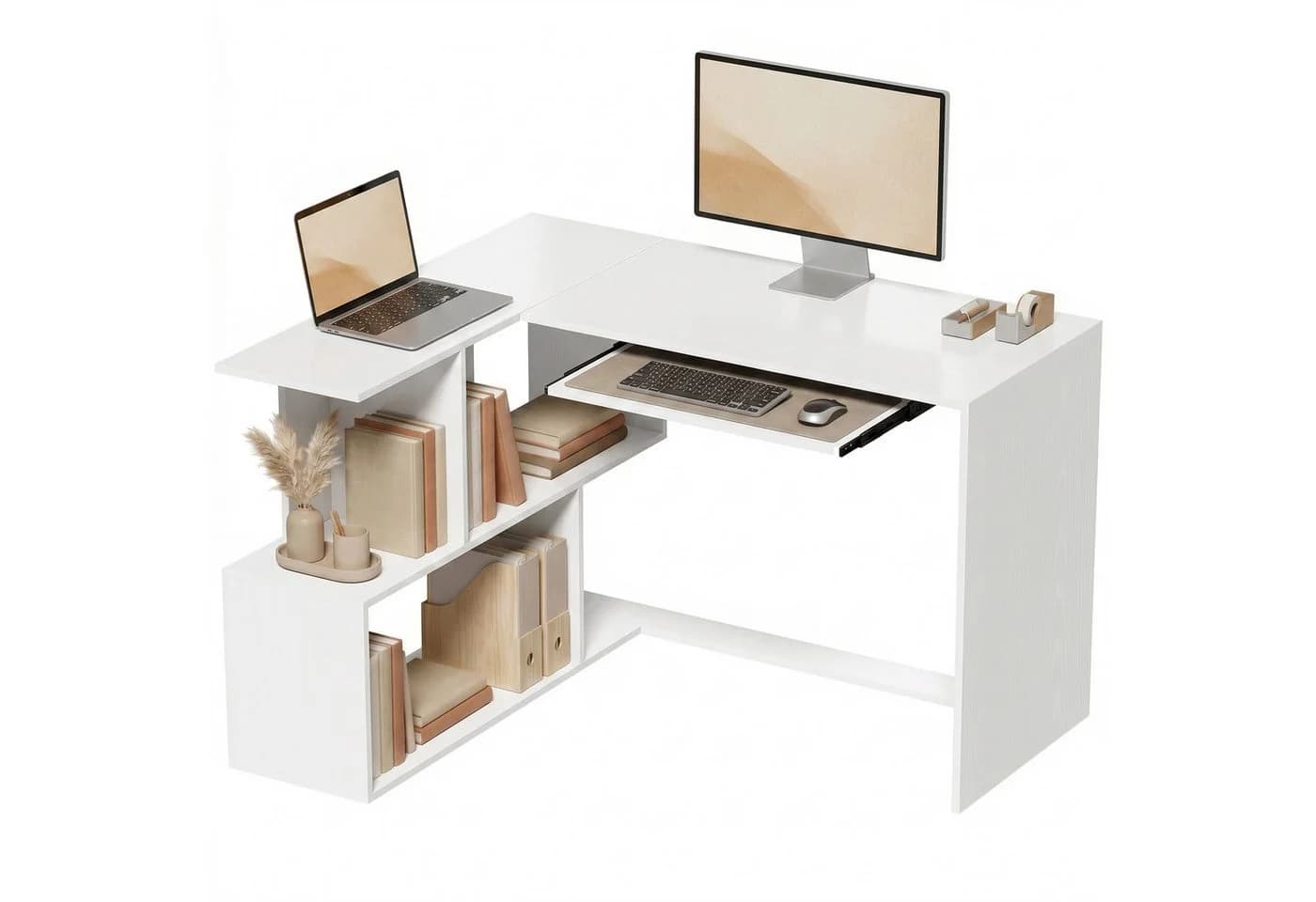 HOMCOM Eckschreibtisch L-Form Weiß Holzoptik mit Regal & Tastaturauszug