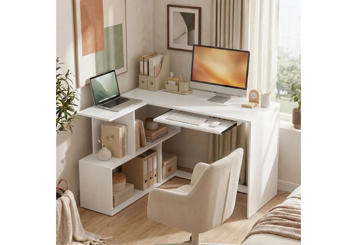 HOMCOM Eckschreibtisch L-Form Weiß Holzoptik mit Regal & Tastaturauszug - Bild 2