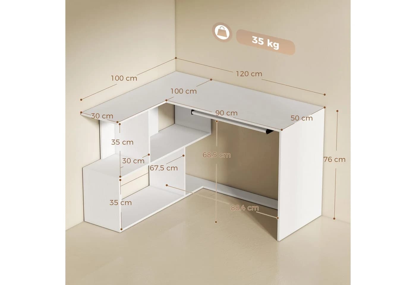HOMCOM Eckschreibtisch L-Form Weiß Holzoptik mit Regal & Tastaturauszug - Bild 3