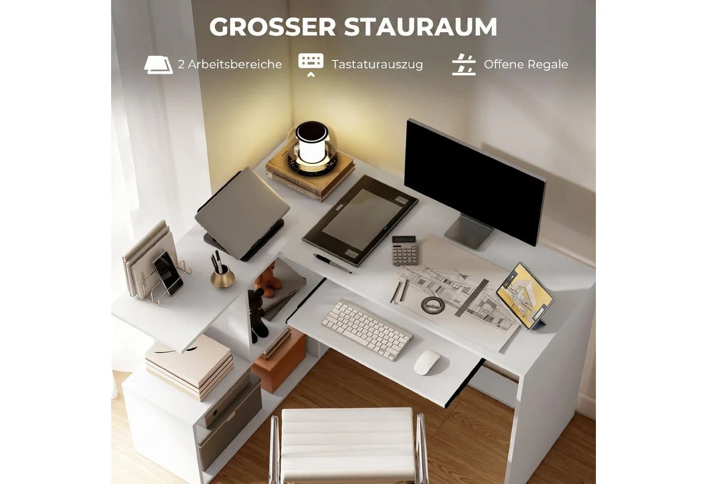 HOMCOM Eckschreibtisch L-Form Weiß Holzoptik mit Regal & Tastaturauszug - Bild 4