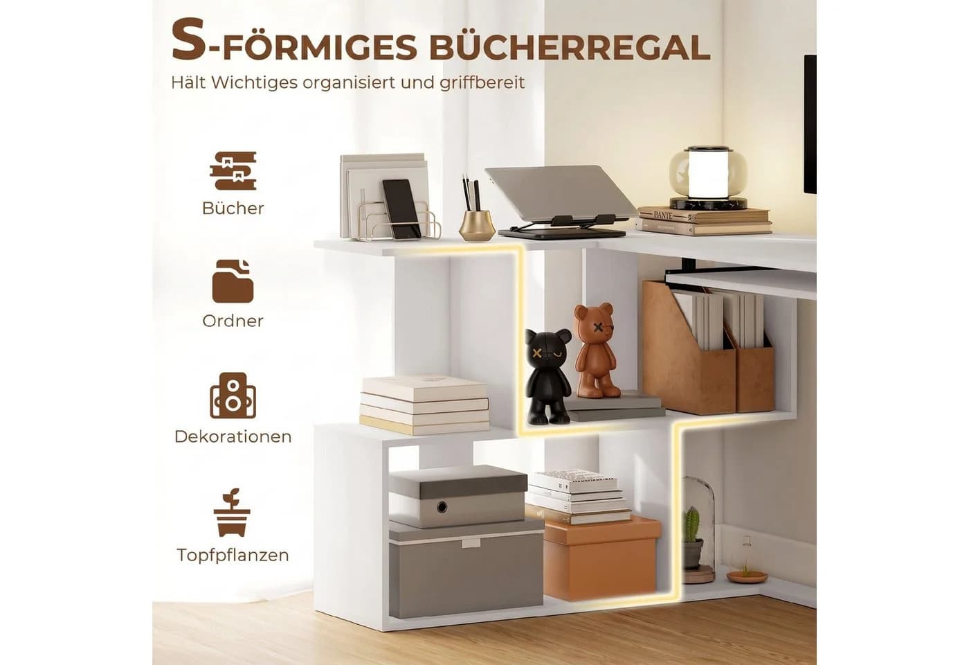 HOMCOM Eckschreibtisch L-Form Weiß Holzoptik mit Regal & Tastaturauszug - Bild 5