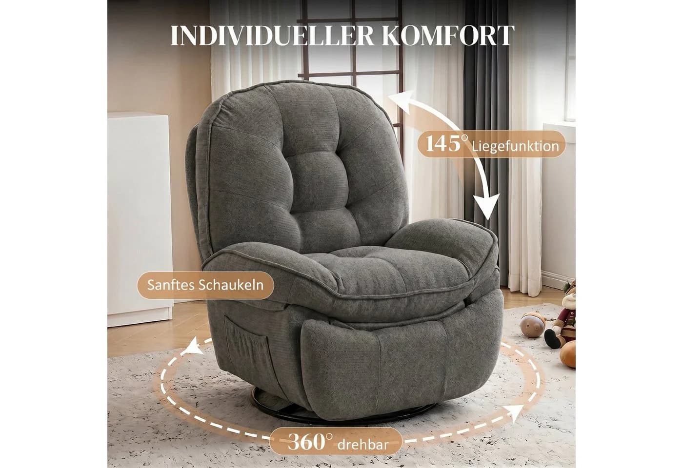 HOMCOM Relaxsessel Fernsehsessel mit Liege- & Wippfunktion Grau - Bild 4