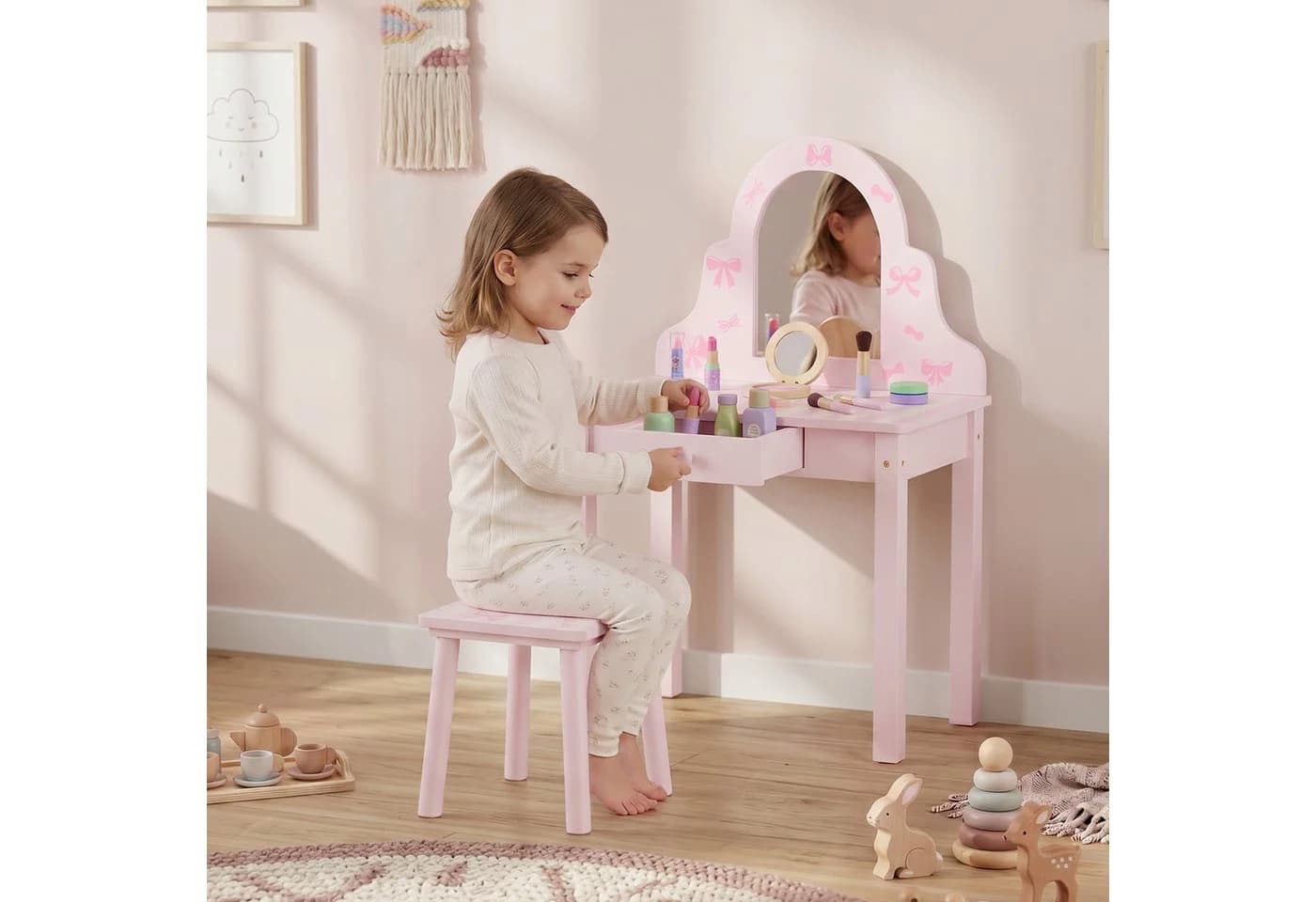 AIYAPLAY Kinderschminktisch 2-in-1 mit Hocker Rosa