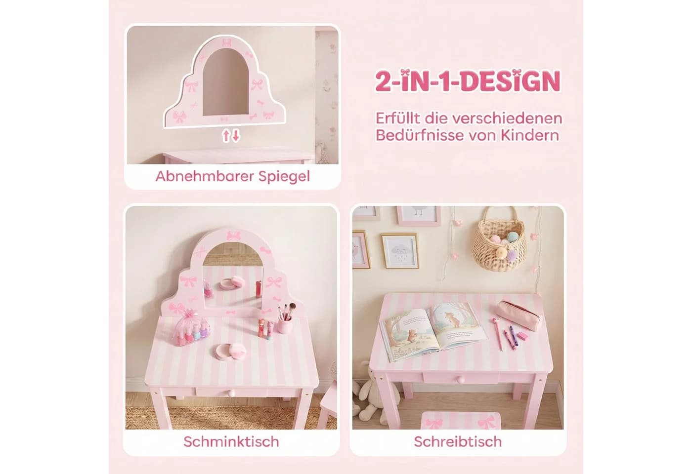 AIYAPLAY Kinderschminktisch 2-in-1 mit Hocker Rosa - Bild 4