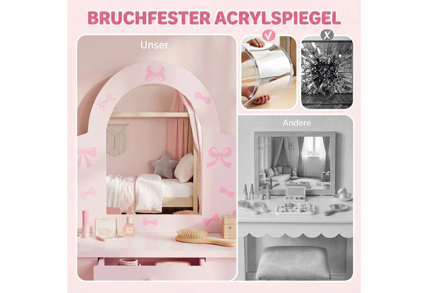 AIYAPLAY Kinderschminktisch 2-in-1 mit Hocker Rosa - Bild 5