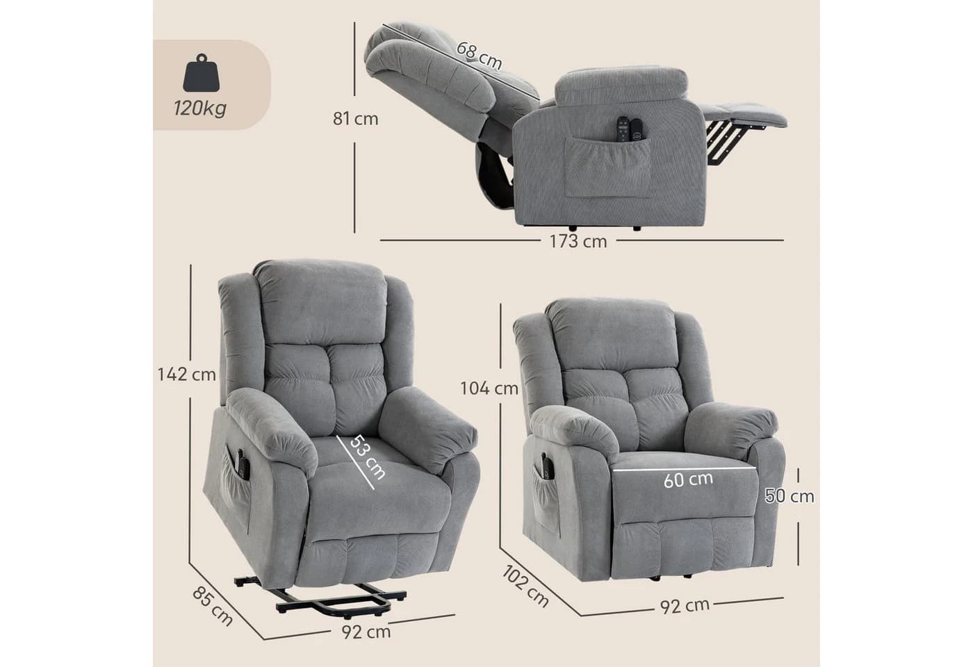 HOMCOM Elektrischer Relaxsessel mit Aufstehhilfe, Massage & Lendenwärme Grau - Bild 3