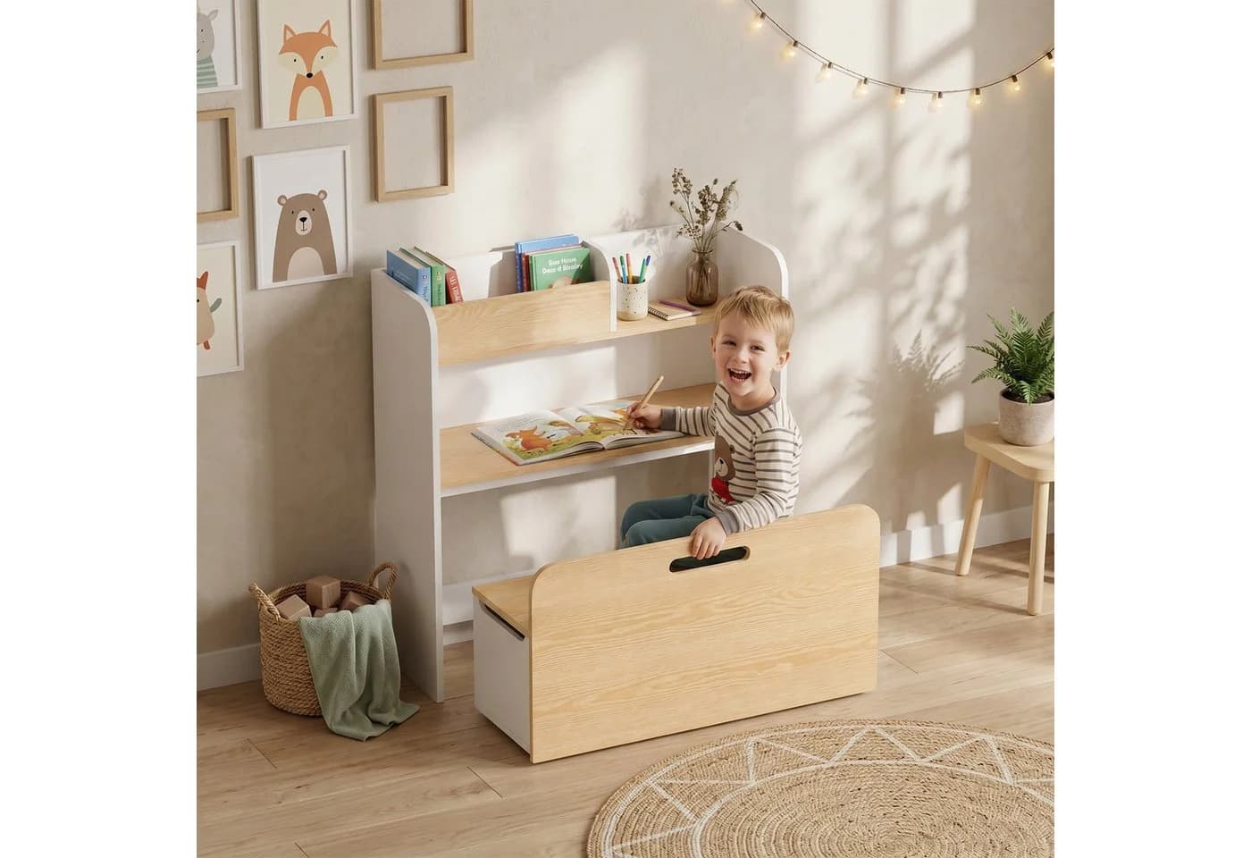 AIYAPLAY Kindersitzgruppe 5-in-1 mit Stauraum und Bücherregal Weiß
