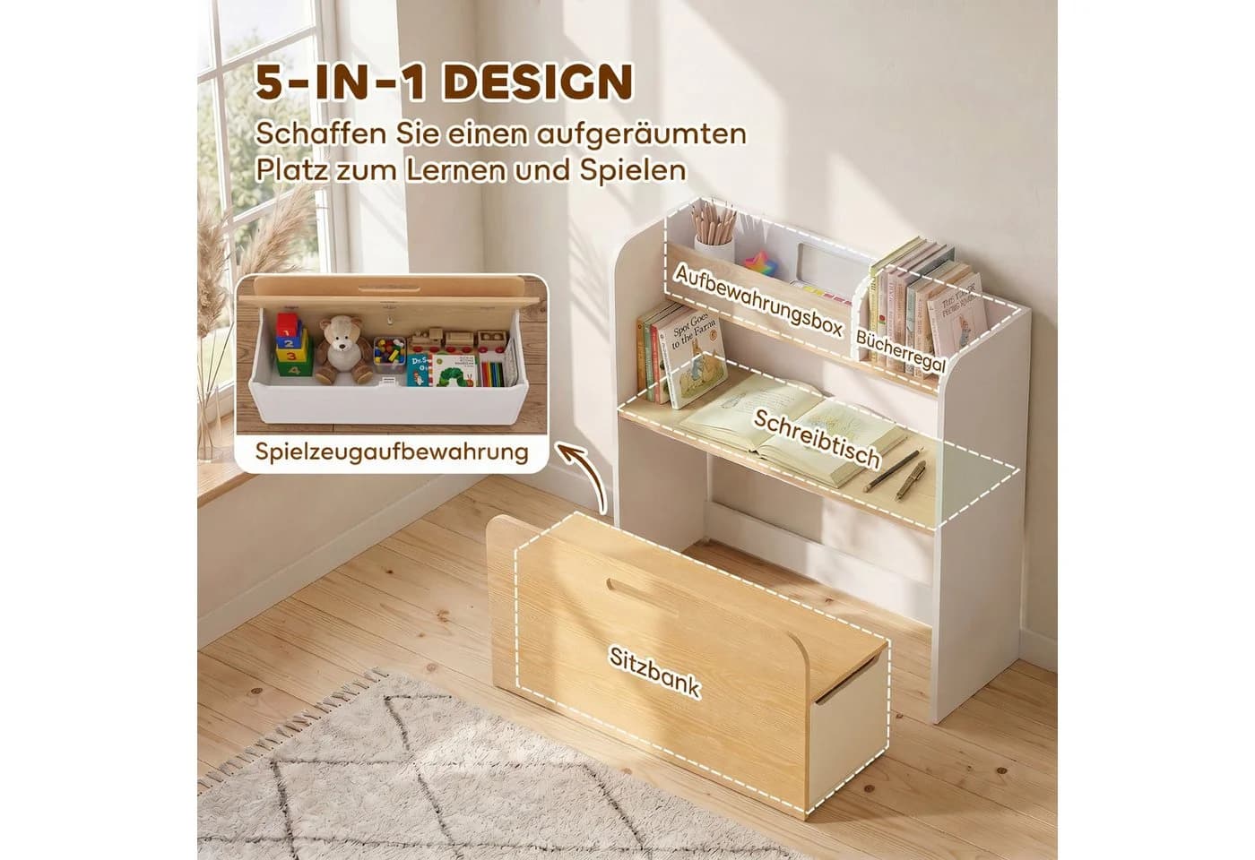 AIYAPLAY Kindersitzgruppe 5-in-1 mit Stauraum und Bücherregal Weiß - Bild 4