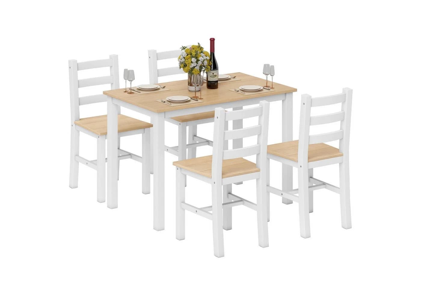 HOMCOM Essgruppe 5-tlg. Esstisch mit 4 Stühlen Massivholz Beige/Weiß