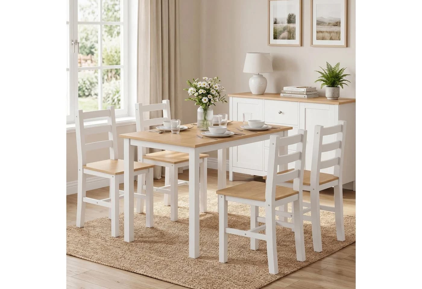 HOMCOM Essgruppe 5-tlg. Esstisch mit 4 Stühlen Massivholz Beige/Weiß - Bild 2