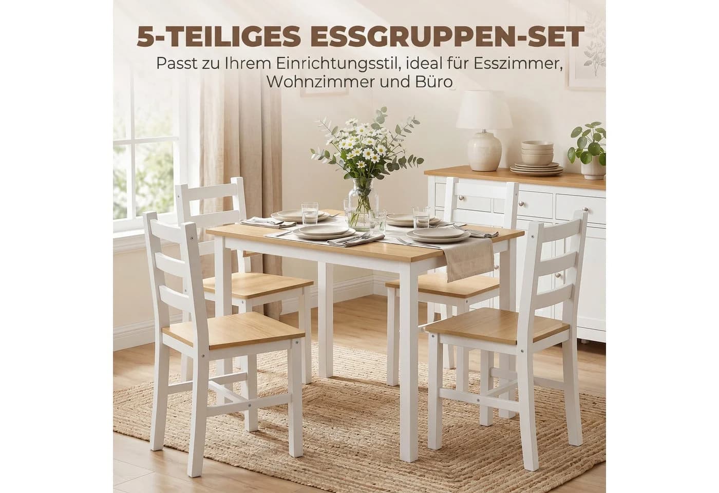 HOMCOM Essgruppe 5-tlg. Esstisch mit 4 Stühlen Massivholz Beige/Weiß - Bild 4