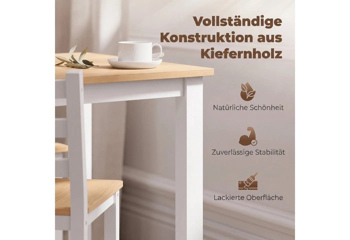 HOMCOM Essgruppe 5-tlg. Esstisch mit 4 Stühlen Massivholz Beige/Weiß - Bild 5