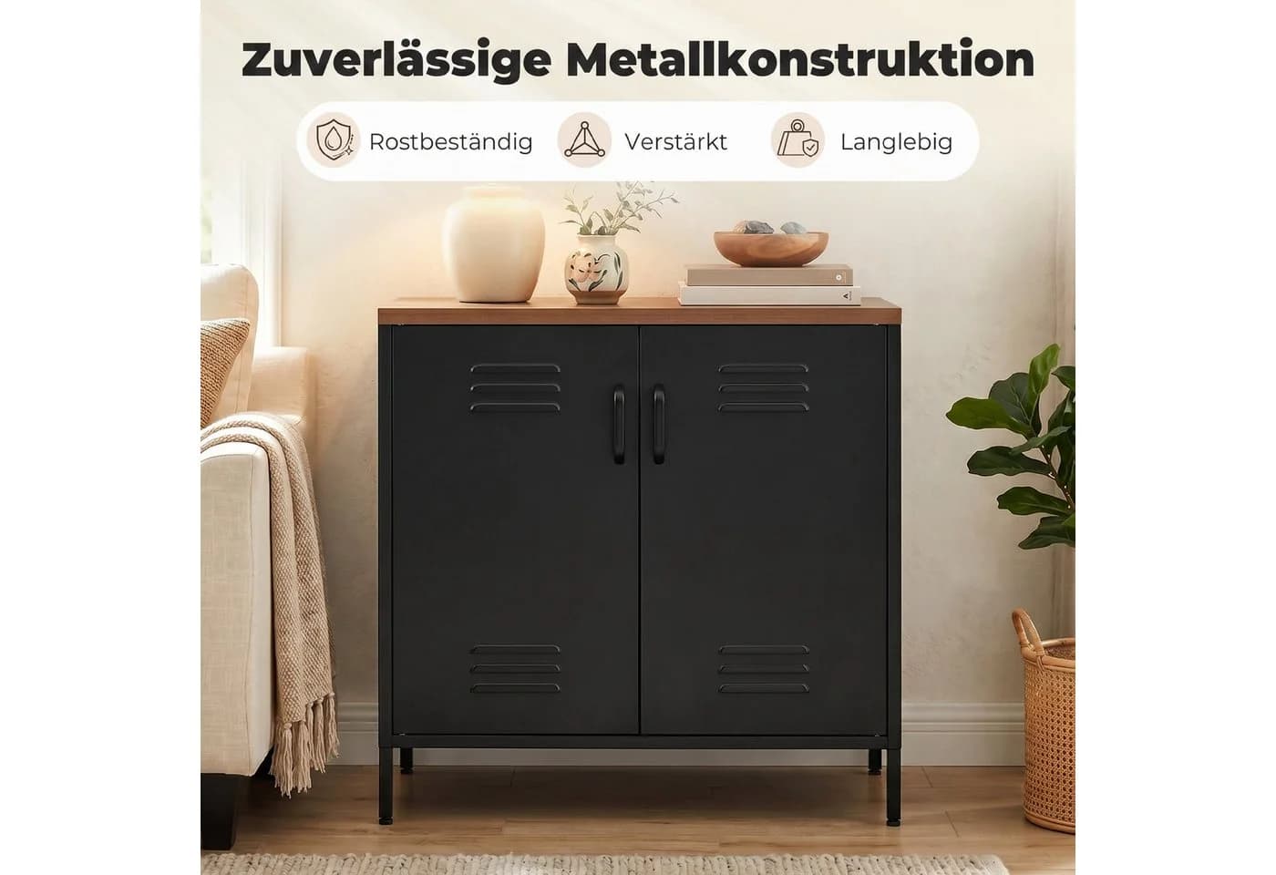 HOMCOM Sideboard Industrieller Aktenschrank mit 2 Türen Schwarz/Braun - Bild 4