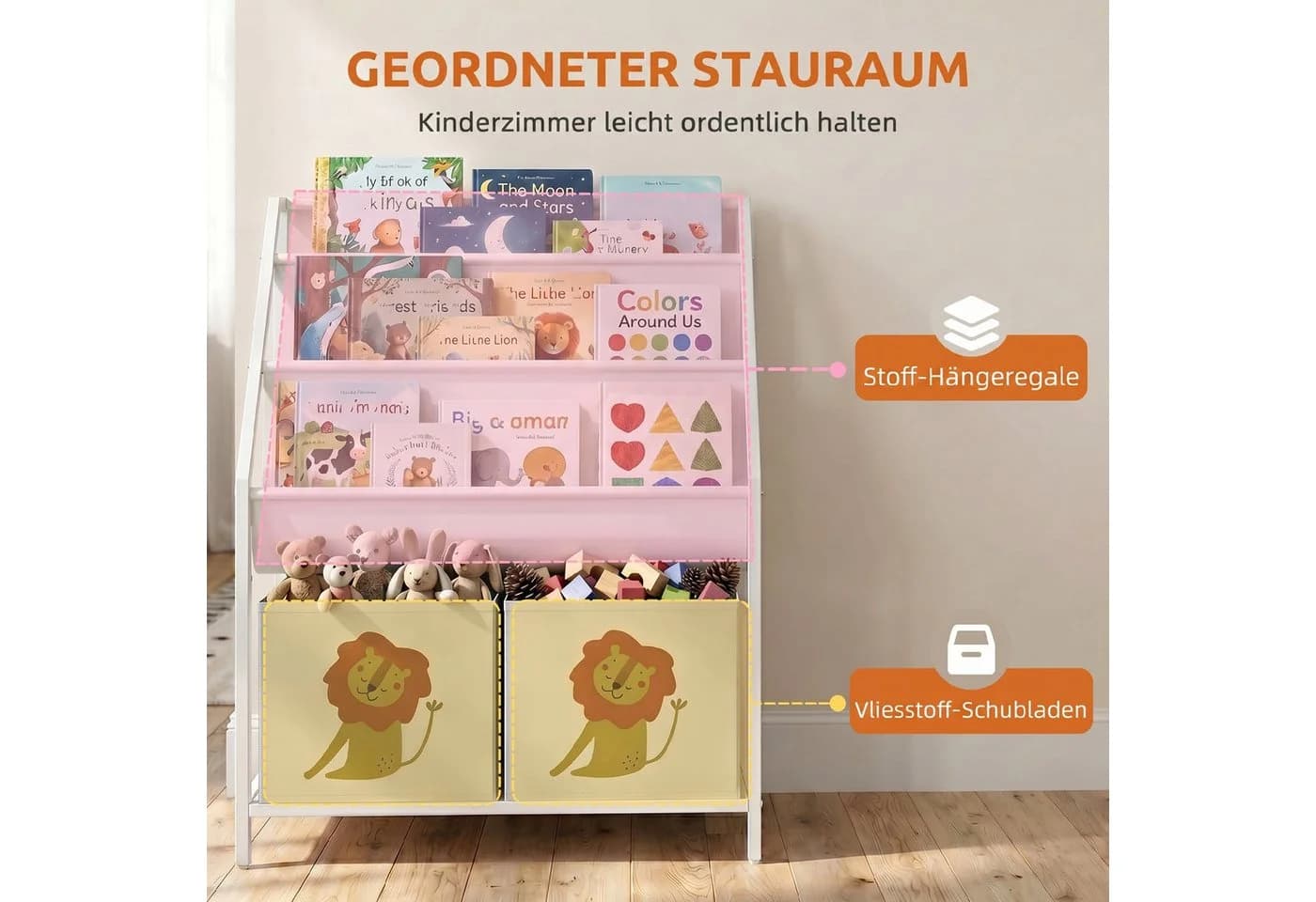 AIYAPLAY Kinderregal Bücherregal mit 2 offenen Fächern 3 Hängeregalen Weiß - Bild 4