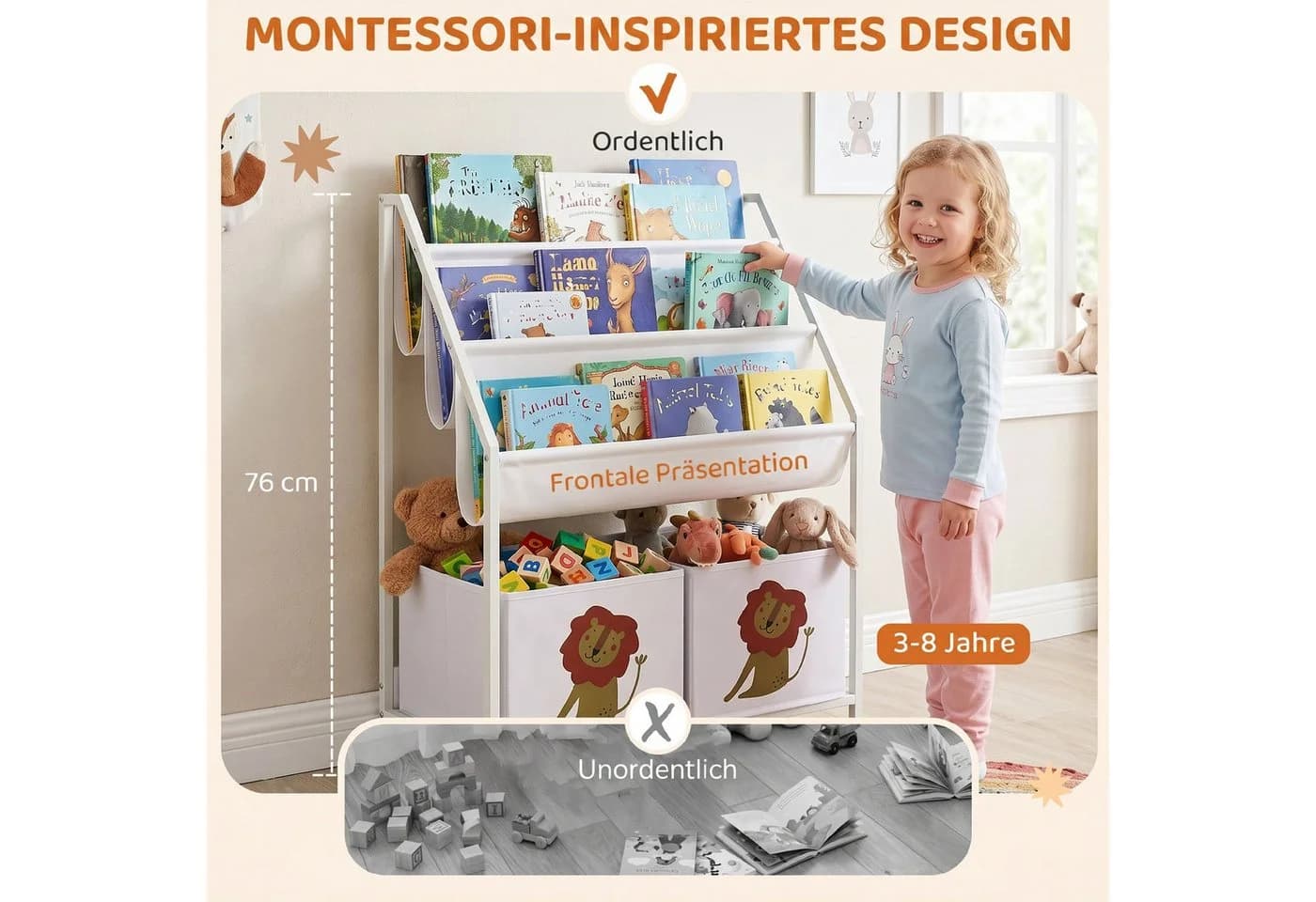 AIYAPLAY Kinderregal Bücherregal mit 2 offenen Fächern 3 Hängeregalen Weiß - Bild 5