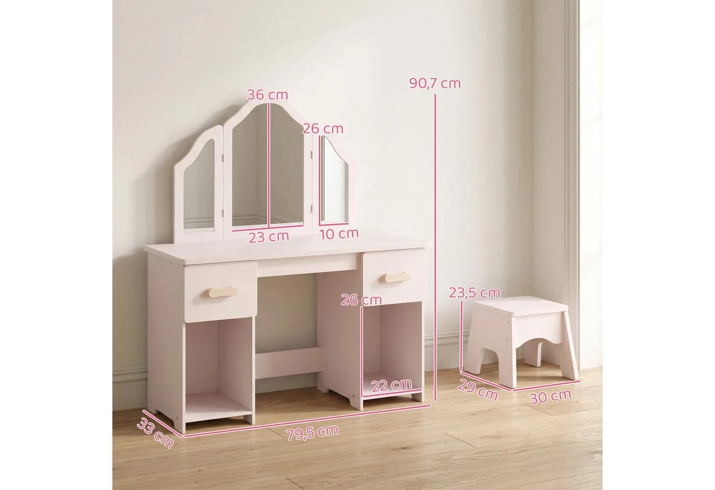 AIYAPLAY Kinderschminktisch Rosa mit 3-Fach-Spiegel, 2 Schubladen & 2 Schränken - Bild 3