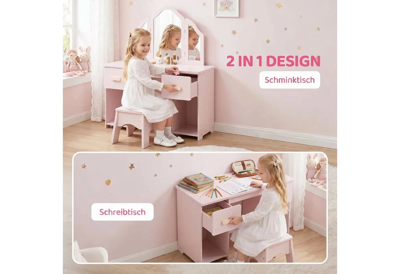 AIYAPLAY Kinderschminktisch Rosa mit 3-Fach-Spiegel, 2 Schubladen & 2 Schränken - Bild 4