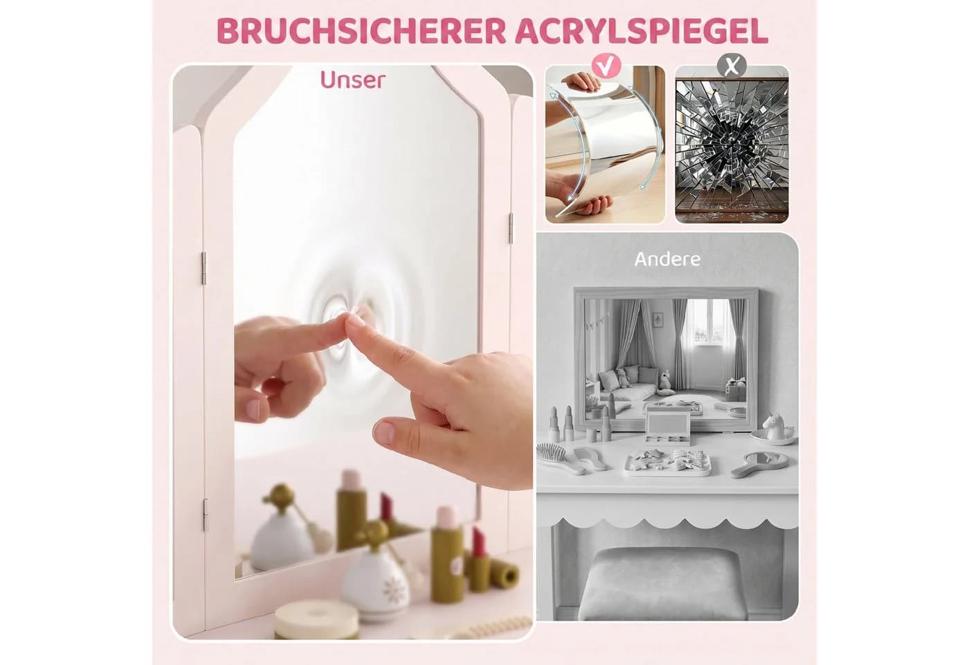 AIYAPLAY Kinderschminktisch Rosa mit 3-Fach-Spiegel, 2 Schubladen & 2 Schränken - Bild 5