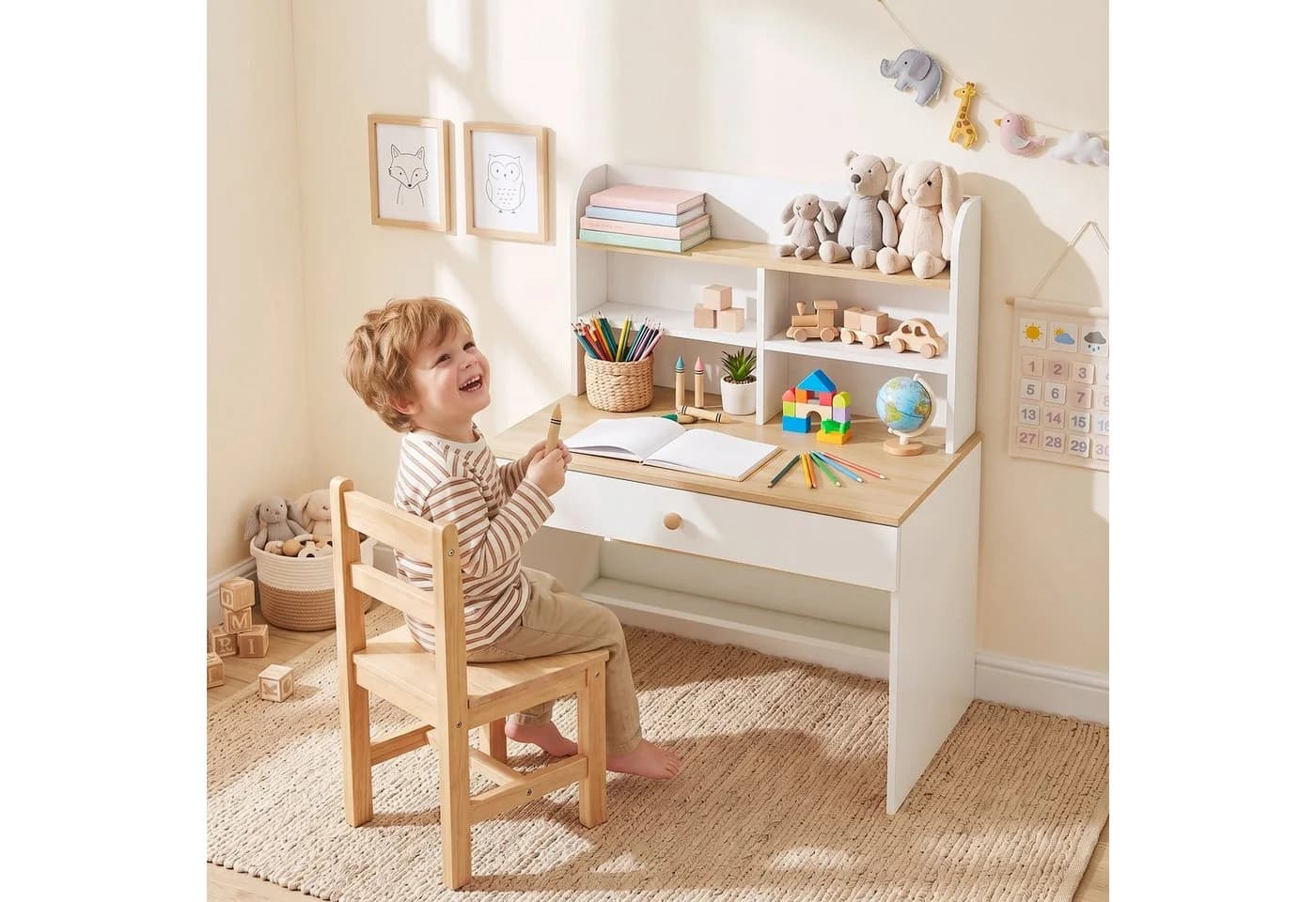AIYAPLAY Kinderschreibtisch mit Regal und Schublade Weiß