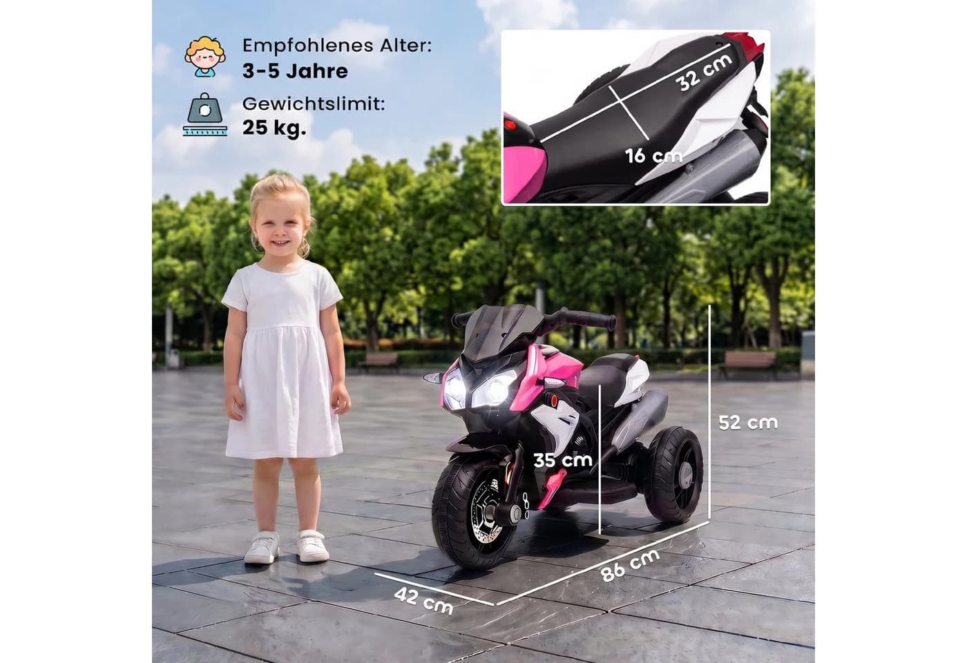 HOMCOM Elektro-Kindermotorrad Rosa/Weiß mit Musik & Licht - Bild 3