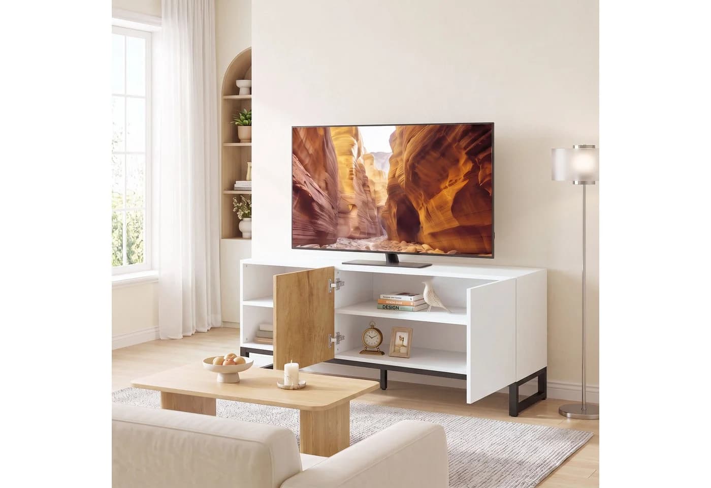 HOMCOM TV-Board Weiß Eiche Soft-Close-Tür Kabeldurchführung - Bild 2