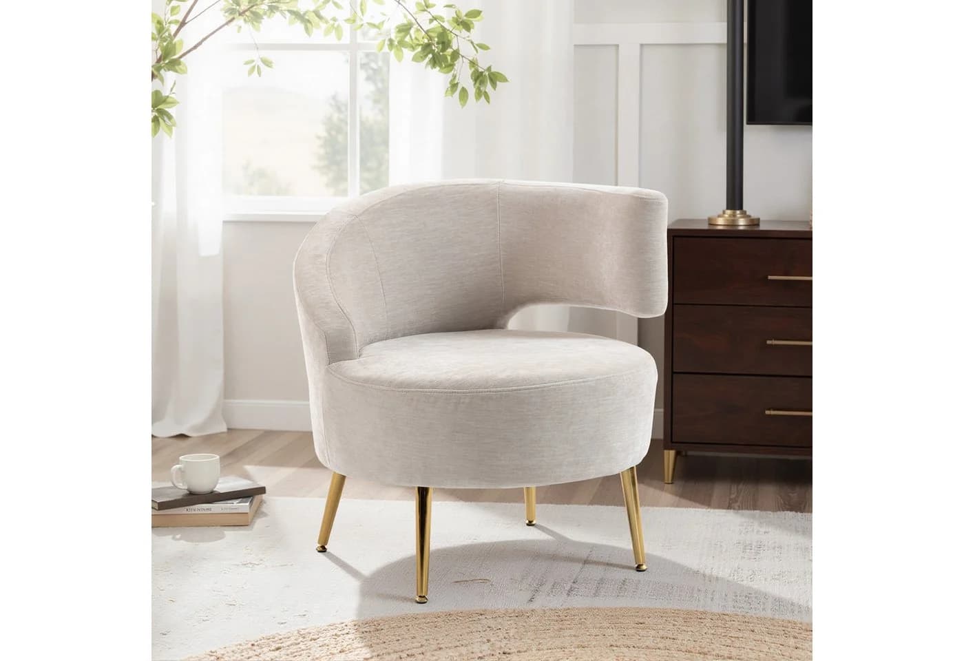 HOMCOM Relaxsessel Loungesessel Chenille-Optik Goldene Stahlbeine Cremeweiß - Bild 2