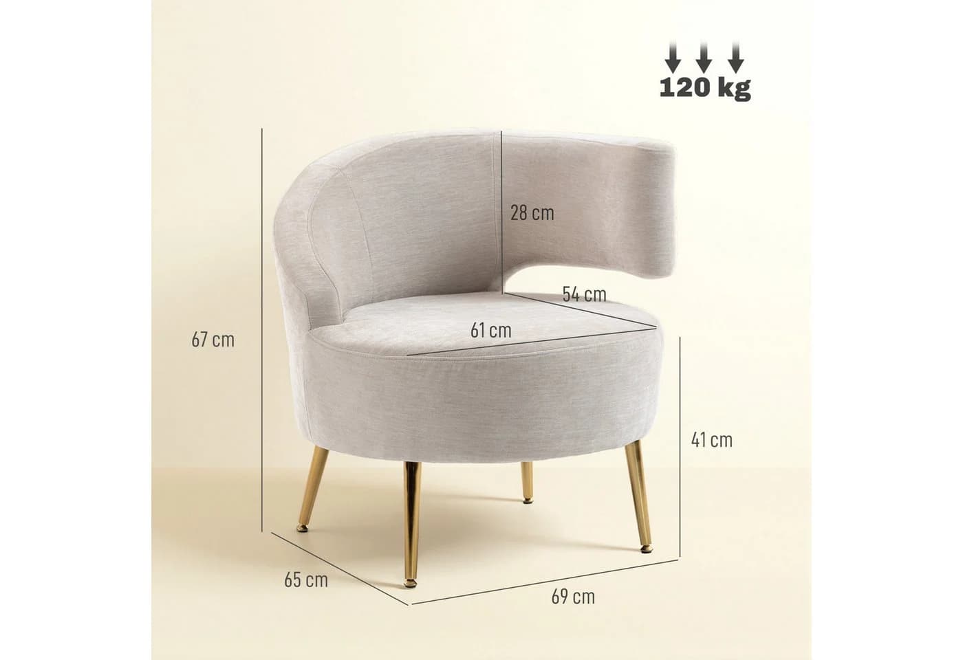 HOMCOM Relaxsessel Loungesessel Chenille-Optik Goldene Stahlbeine Cremeweiß - Bild 3