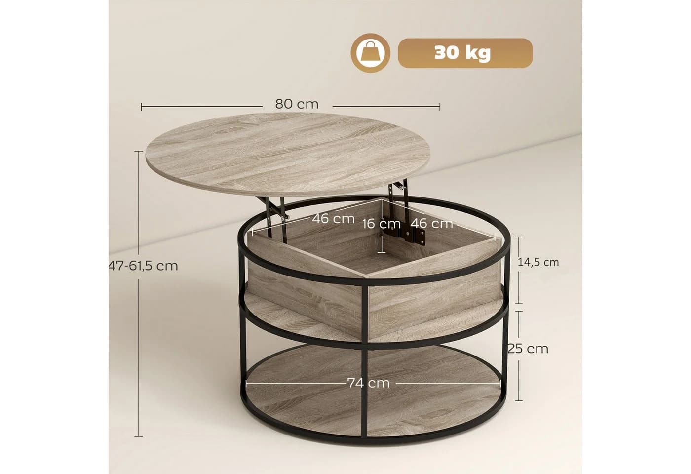 HOMCOM Höhenverstellbarer Couchtisch mit Stauraum Eiche/Schwarz - Bild 3