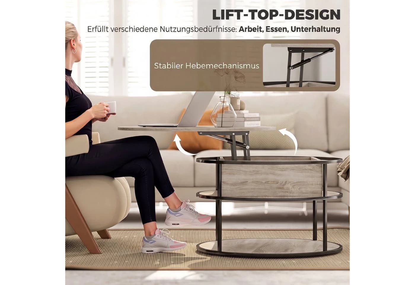 HOMCOM Höhenverstellbarer Couchtisch mit Stauraum Eiche/Schwarz - Bild 4