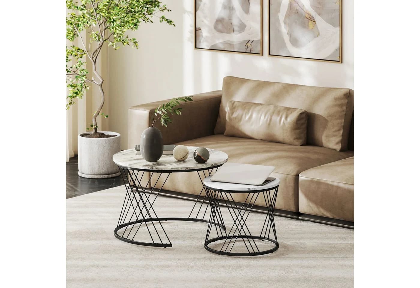 HOMCOM Couchtisch Runder Satztisch 2-tlg. Grau Metallrahmen Marmor-Look - Bild 2