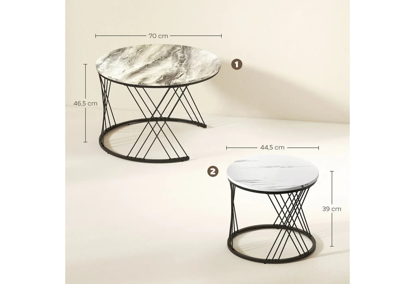 HOMCOM Couchtisch Runder Satztisch 2-tlg. Grau Metallrahmen Marmor-Look - Bild 3