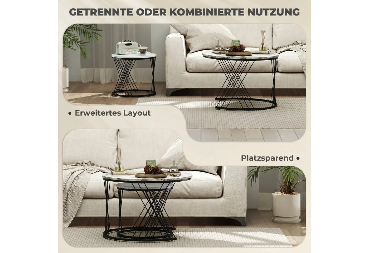 HOMCOM Couchtisch Runder Satztisch 2-tlg. Grau Metallrahmen Marmor-Look - Bild 4